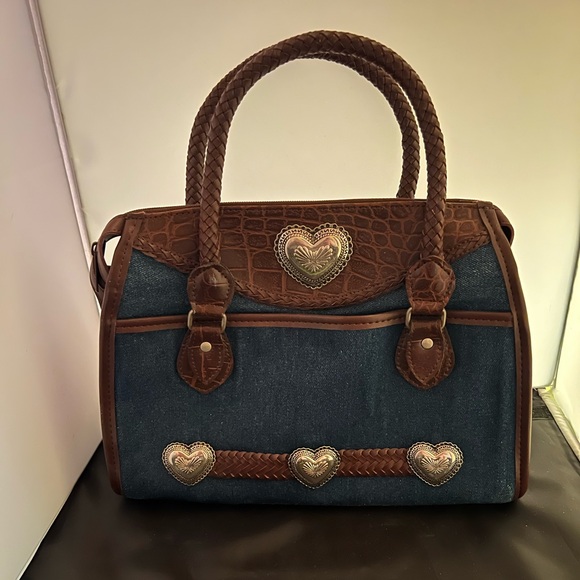 Brighton Handbags - Vintage Brighton Leather Denim Satchel With Hearts Accents